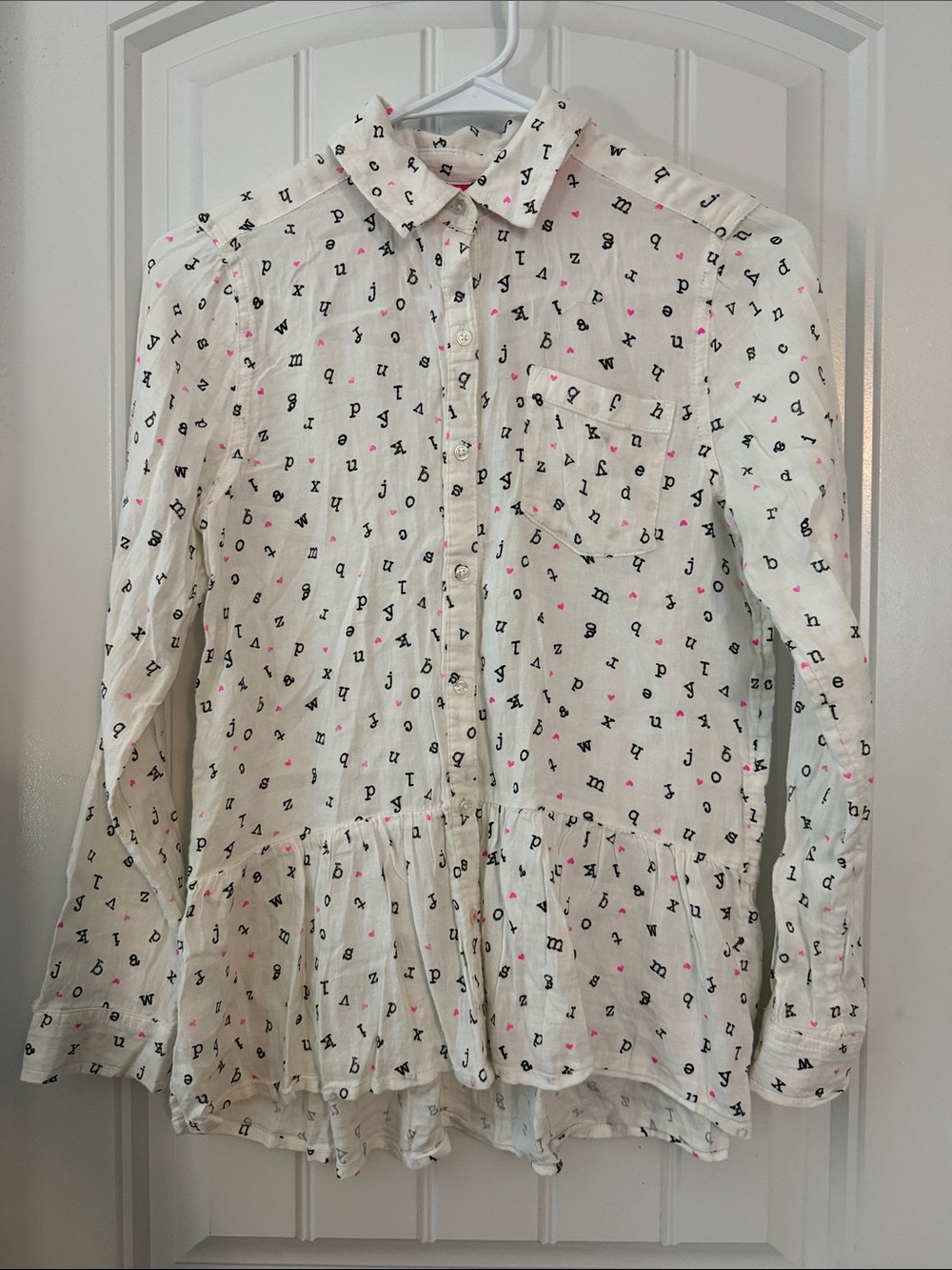 SO Cream Button-Up Peplum Top with Black Lettering & Pink Heart Accents